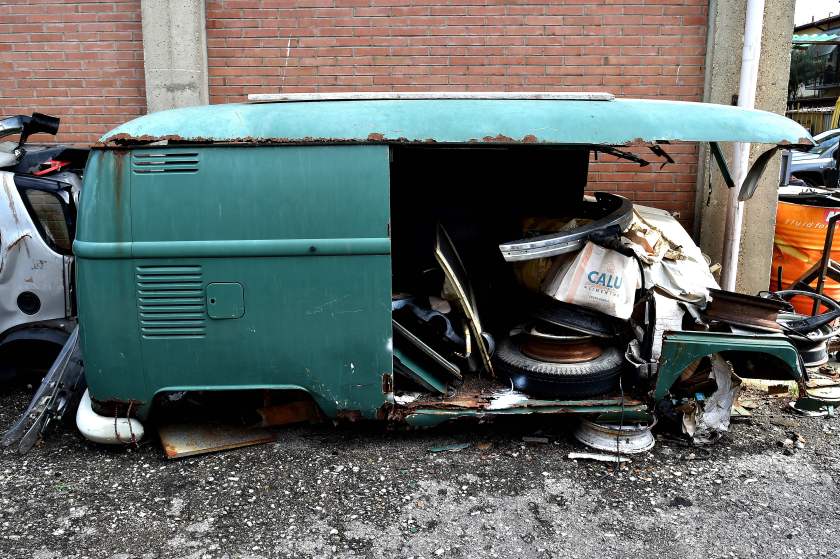 A picture shows a destroyed van in the garage Nucci where the "T1 specialist" team restore vintage Volkswagen Kombi bus (van, transporter or camper) on November 3, 2016 in Florence. (Alberto Pizzoli/AFP/Getty Images)