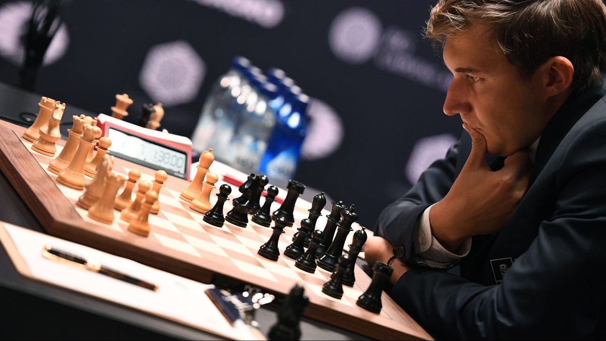 Challenger Sergey Karjakin of Russia concentrates during his World Chess Championship 2016 round 1 match against Chess grandmaster and current world chess champion Magnus Carlsen of Norway, in New York on November 11, 2016. / AFP / Jewel SAMAD        (Photo credit should read JEWEL SAMAD/AFP/Getty Images)