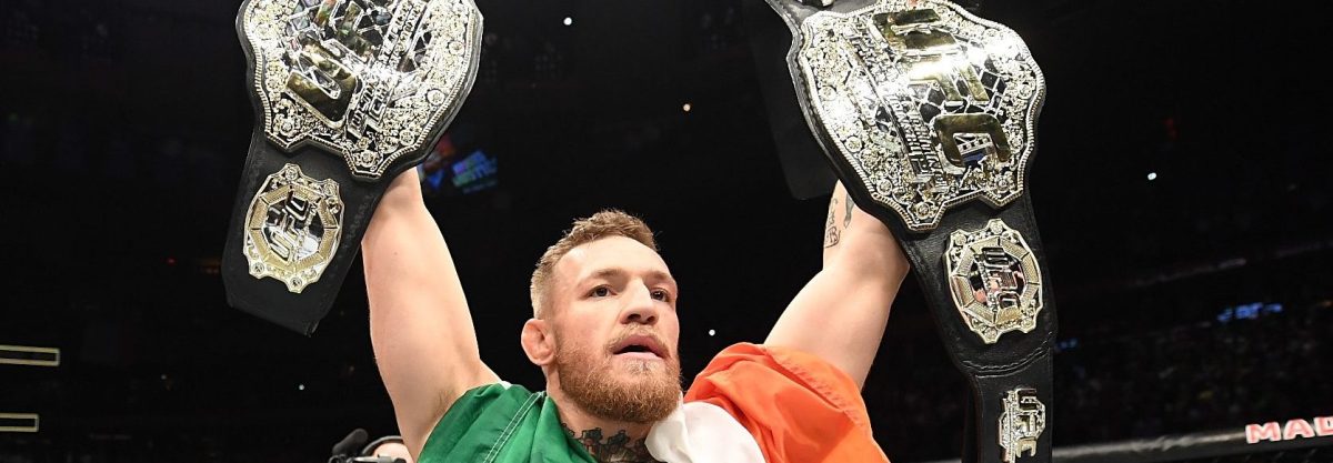 UFC lightweight and featherweight champion Conor McGregor of Ireland celebrates after defeating Eddie Alvarez in their UFC lightweight championship fight during the UFC 205 event at Madison Square Garden on November 12, 2016 in New York City. (Jeff Bottari/Zuffa LLC/Zuffa LLC via Getty Images)