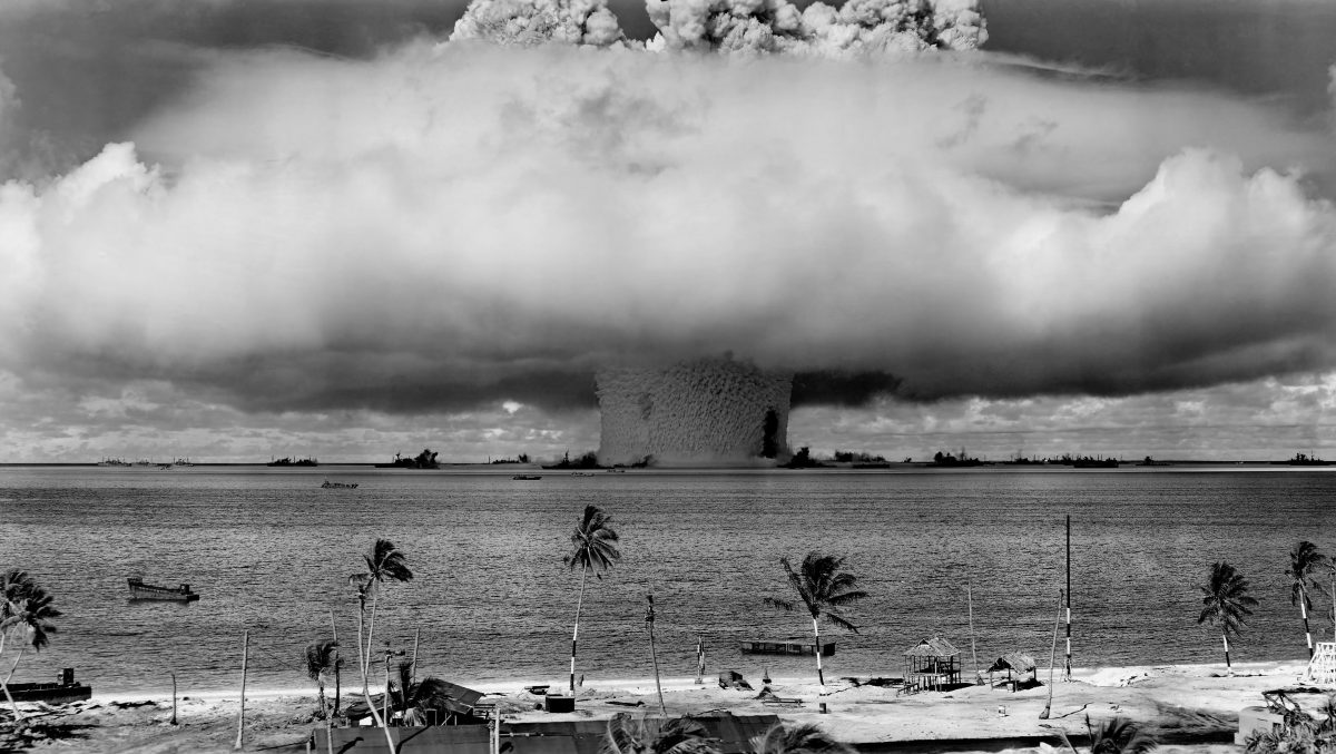 A 21 kiloton underwater nuclear weapons effects test, known as Operation Crossroads  or the Baker Test, conducted at Bikini Atoll in 1946. (United States Department of Defense)
