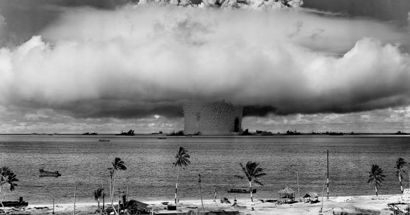 A 21 kiloton underwater nuclear weapons effects test, known as Operation Crossroads or the Baker Test, conducted at Bikini Atoll in 1946. (United States Department of Defense)