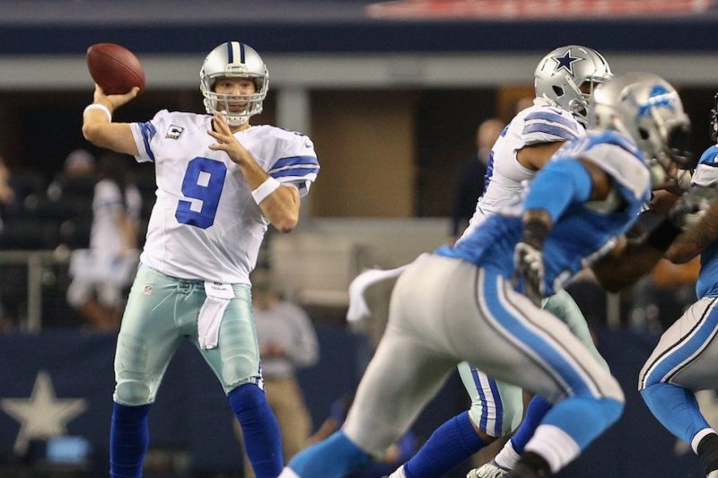 04 JAN 2015: Dallas Cowboys quarterback Tony Romo (9) during the NFC Wild-Card game between the Detroit Lions and the Dallas Cowboys at AT&T Stadium in Arlington, TX. Dallas defeats Detroit 24-20. (Photo by Andrew Dieb/Icon Sportswire/Corbis via Getty Images)