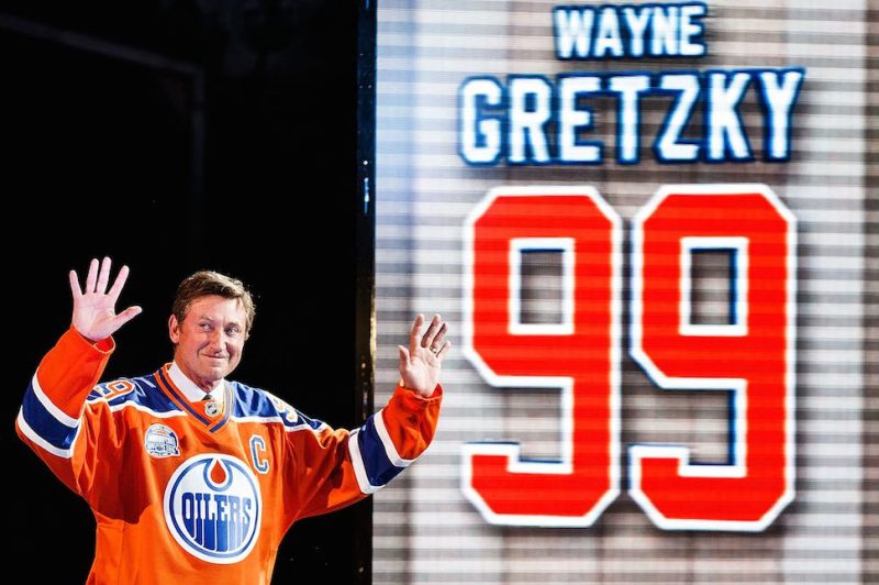 EDMONTON, AB - APRIL 6: Former Edmonton Oilers forward Wayne Gretzky greets fans during the closing ceremonies at Rexall Place following the game between the Edmonton Oilers and the Vancouver Canucks on April 6, 2016 at Rexall Place in Edmonton, Alberta, Canada. The game was the final game the Oilers played at Rexall Place before moving to Rogers Place next season. (Photo by Codie McLachlan/Getty Images)