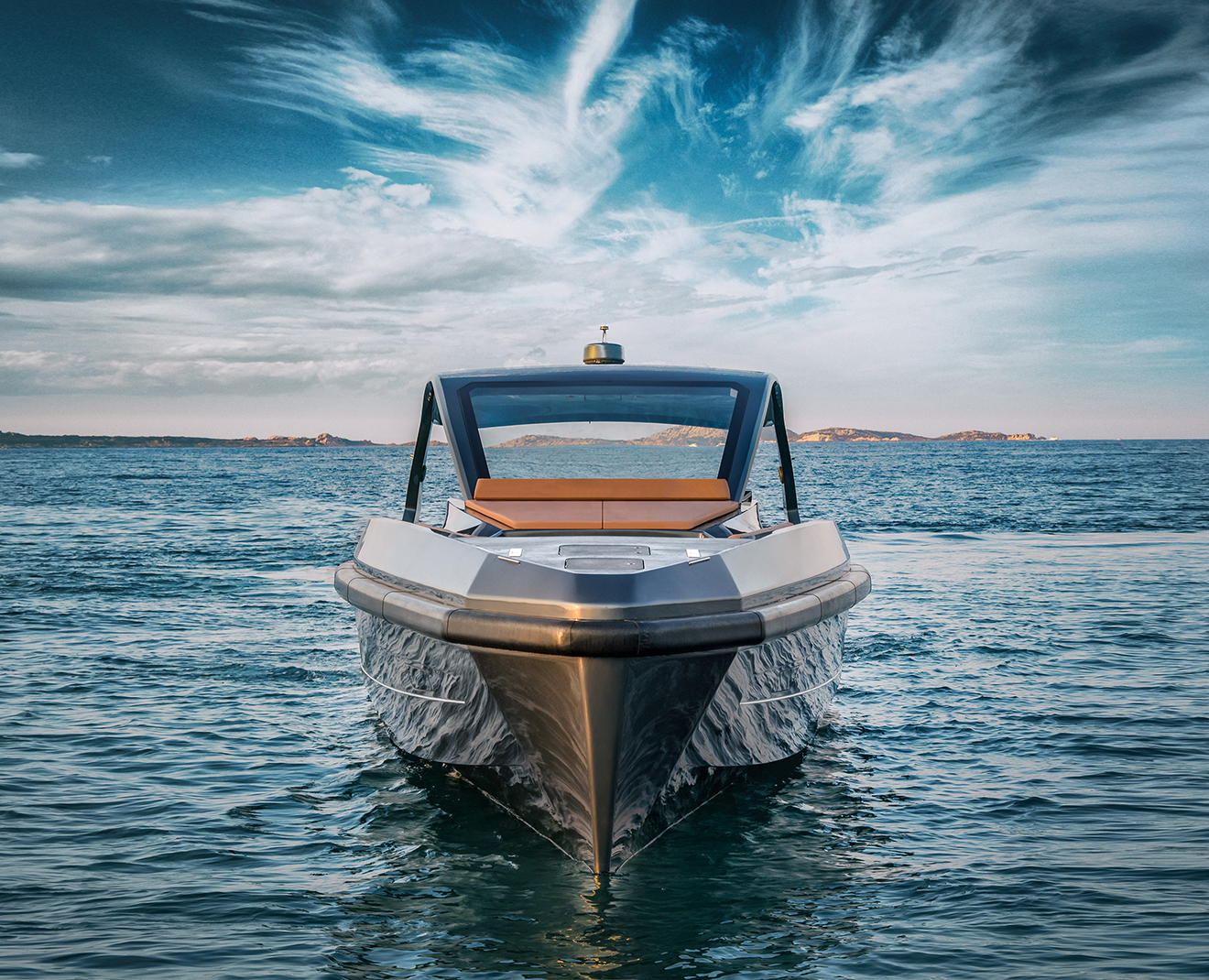 A sleek and aggressively sporting exterior combine with a spacious upper deck, clever design features and a sumptuously appointed interior resulting in a flexible day vessel, equally equipped for a full day out exploring the coastline or a fun party boat. (Apex Yachts)