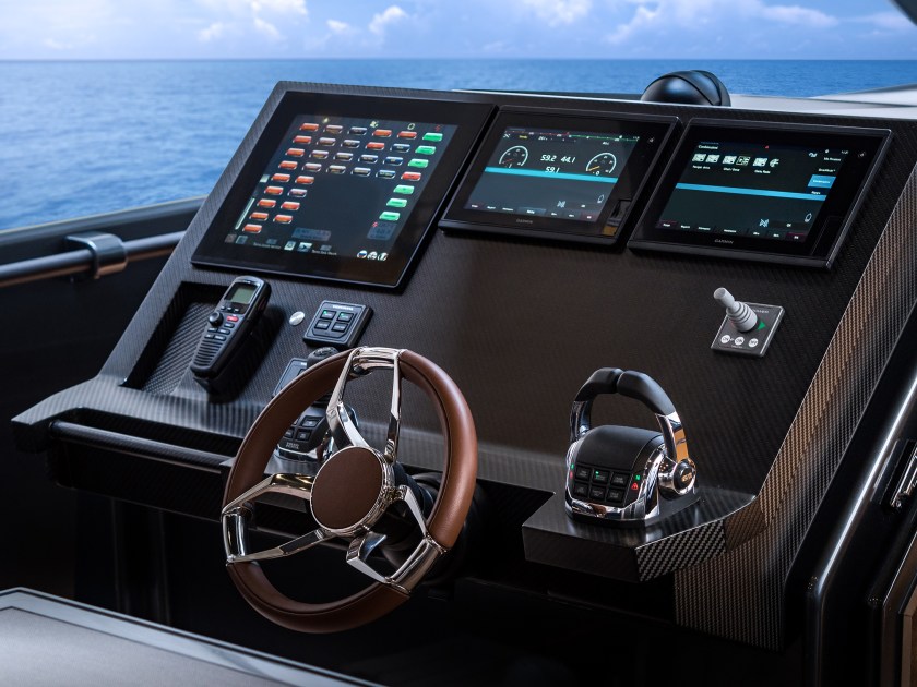 Triple Volvo Penta IPS engines are housed in a sleek and aggressively sporting exterior delivering the smoothest of rides at speeds up to 40 knots. (Apex Yachts)