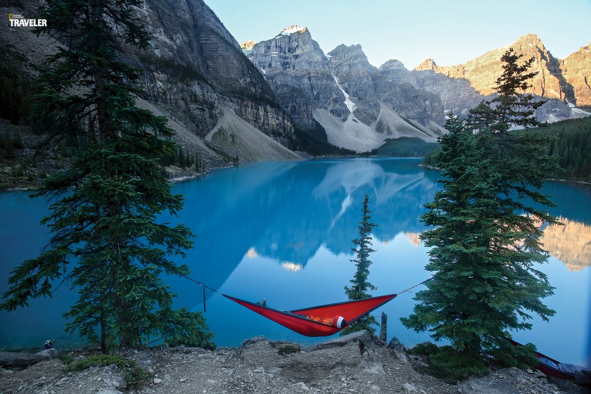 Ban happiness is a sunrise, a hammock, and the stilled translucence of Moraine Lake. (Courtesy National Geographic Traveler)