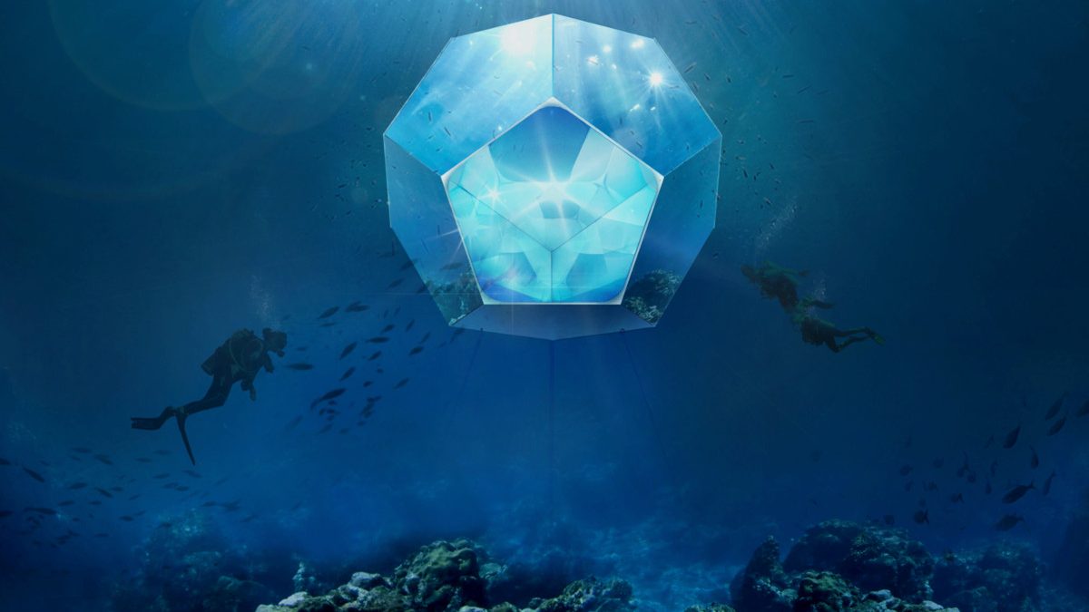 Three underwater, geometric submersible environments with composite materials, mirror, and live video feed, courtesy of Doug Aitken Workshop, Parley for the Oceans, and The Museum of Contemporary Art, Los Angeles (Conner MacPhee)