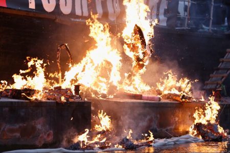 Son of Vivienne Westwood and Sex Pistols creator Malcolm McLaren, Joe Corre burns his entire £5 million punk collection at  on November 26, 2016 in London, England (Ki Price/Getty Images)