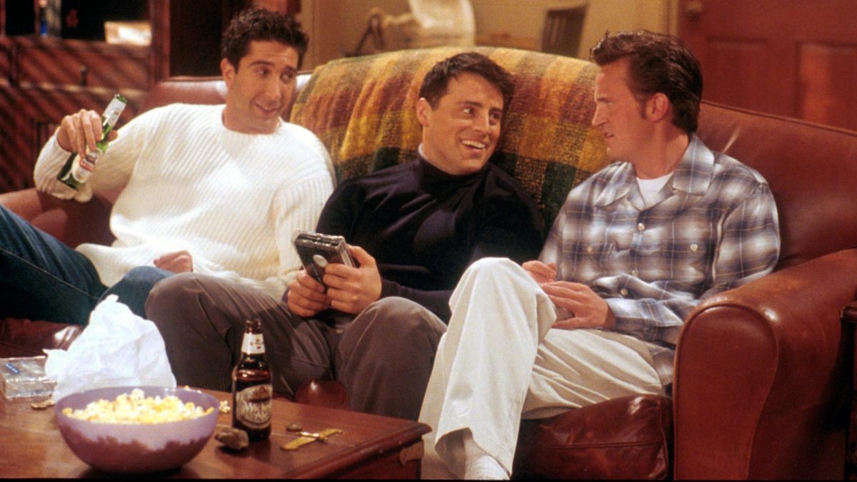 From left to right, David Schwimmer, as Ross, Matt LeBlanc, as Joey, and Matthew Perry as Chandler act in a scene from the television comedy "Friends" during the seventh season of the show. (NBC/Newsmakers)