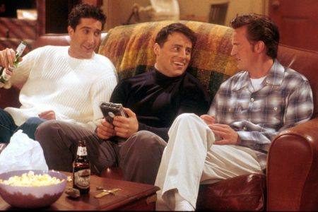 From left to right, David Schwimmer, as Ross, Matt LeBlanc, as Joey, and Matthew Perry as Chandler act in a scene from the television comedy "Friends" during the seventh season of the show. (NBC/Newsmakers)