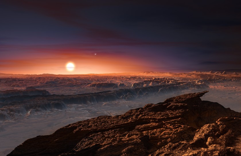 A hand out image made available by the European Southern Observatory on August 24 2016, shows an artist's impression of a view of the surface of the planet Proxima b orbiting the red dwarf star Proxima Centauri, the closest star to the Solar System. (M. KORNMESSER/AFP/Getty Images)