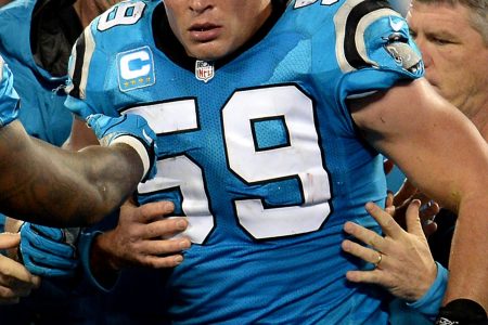 Carolina Panthers linebacker Luke Kuechly (59) is helped onto a cart after being injured in the fourth quarter against the New Orleans Saints at Bank of America Stadium in Charlotte, N.C., on Thursday, Nov. 17, 2016. (Jeff Siner/Charlotte Observer/TNS via Getty Images)