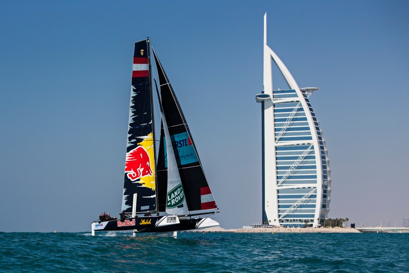 Red Bull Extreme Sailing team skippered by Roman Hagara performs in Dubai, United Arab Emirates on February 10th, 2016. (Samo Vidic/Red Bull Content Pool)