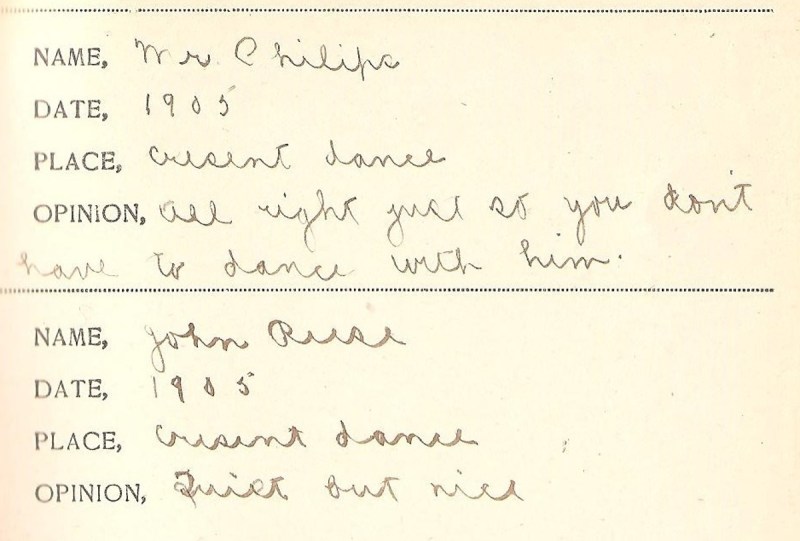 Bachelorette's opinion of a date; “as long as you don't dance with him" (Harvey County Historical Museum)