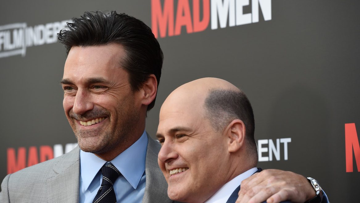 LOS ANGELES, CA - MAY 17:  Actor Jon Hamm (L) and executive producer Matthew Weiner arrive at the Film Independent at LACMA special screening of the final episode of "Mad Men" at The Ace Hotel Theater on May 17, 2015 in Los Angeles, California.  (Photo by Amanda Edwards/WireImage)