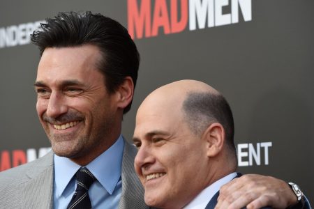LOS ANGELES, CA - MAY 17:  Actor Jon Hamm (L) and executive producer Matthew Weiner arrive at the Film Independent at LACMA special screening of the final episode of "Mad Men" at The Ace Hotel Theater on May 17, 2015 in Los Angeles, California.  (Photo by Amanda Edwards/WireImage)