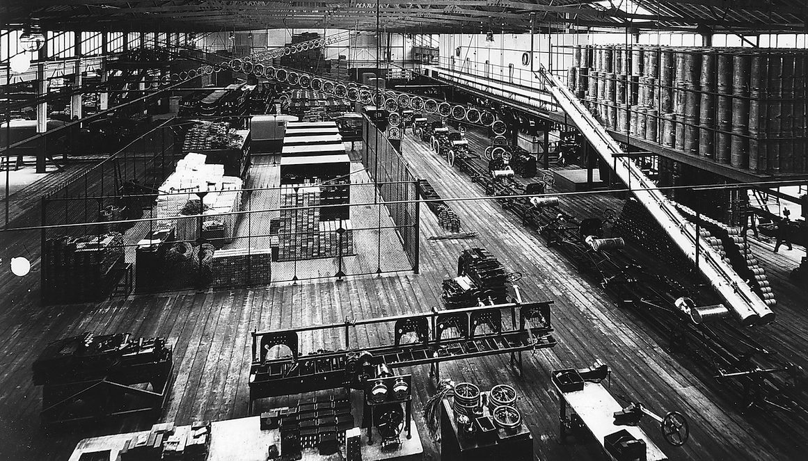 Part of the production line at Ford's Highland Park factory, Detroit, Michigan, USA, c1914. The factory, 4.5 miles from the centre of Detroit was the first to make use of assembly-line techniques, in the production of Henry Ford's famous Model T. Designed by Albert Kahn, the plant opened in 1910. (Photo by Oxford Science Archive/Print Collector/Getty Images)