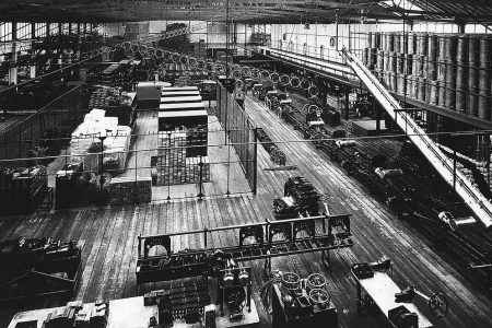 Part of the production line at Ford's Highland Park factory, Detroit, Michigan, USA, c1914. The factory, 4.5 miles from the centre of Detroit was the first to make use of assembly-line techniques, in the production of Henry Ford's famous Model T. Designed by Albert Kahn, the plant opened in 1910. (Photo by Oxford Science Archive/Print Collector/Getty Images)