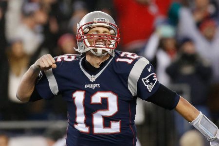 FOXBORO, MA - JANUARY 22: Tom Brady #12 of the New England Patriots reacts against the Pittsburgh Steelers during the third quarter in the AFC Championship Game at Gillette Stadium on January 22, 2017 in Foxboro, Massachusetts.  (Photo by Jim Rogash/Getty Images)