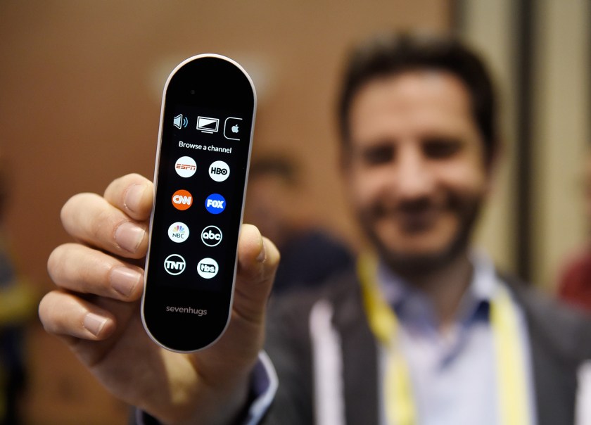 Simon Tchedikian displays a Sevenhugs smart remote during a press event for CES 2017 at the Mandalay Bay Convention Center on January 3, 2017 in Las Vegas, Nevada. The USD 299 device is designed as a universal remote to operate many household devices and is scheduled to be released in June 2017. CES, the world's largest annual consumer technology trade show, runs from January 5-8 and is expected to feature 3,800 exhibitors showing off their latest products and services to more than 165,000 attendees. (David Becker/Getty Images)