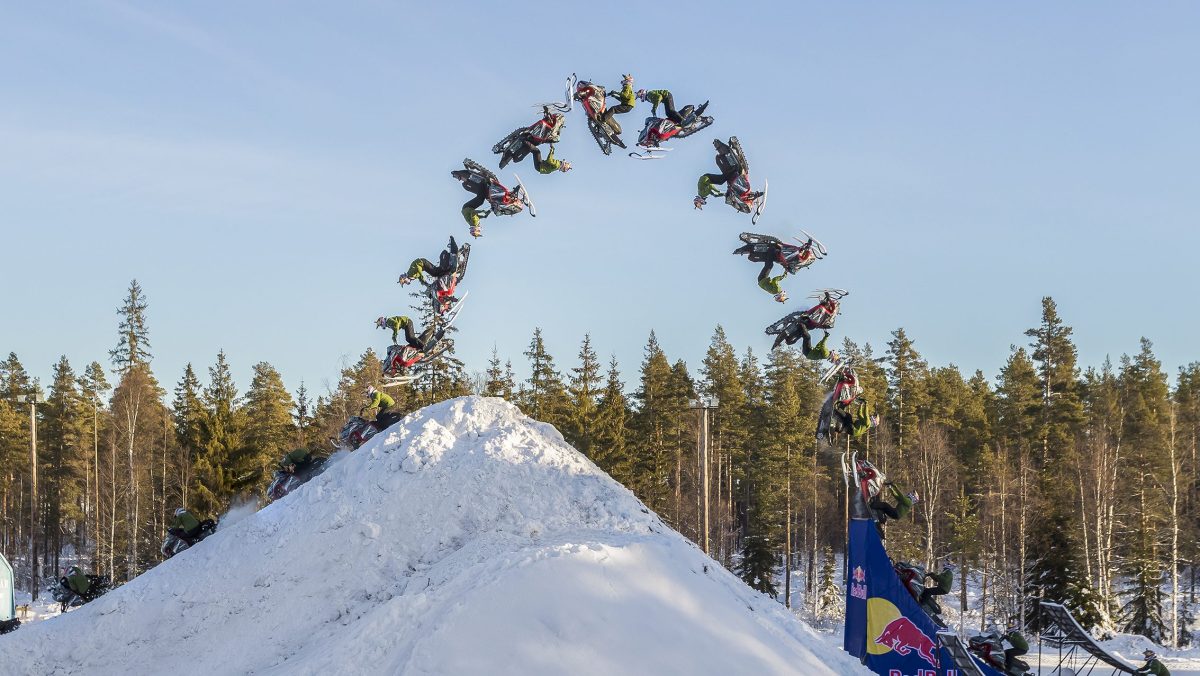 A photo compsite showing Daniel Bodin in various stages of completing the worlds first double backflip with a snowmobile. (Richard Ström/Red Bull Content Pool)