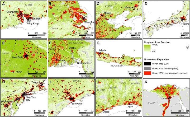 Maps show where projected urban expansion until 2030 is expected to result in cropland loss (PNAS)