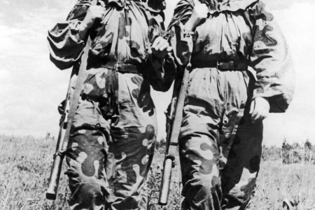 Volunteer women snipers of the Russian Army R. Skrypnikova (right) and O. Bykova returning from a combat assignment during the Second World War on November 21, 1943. (Daily Mirror Library/Mirrorpix/Mirrorpix via Getty Images)