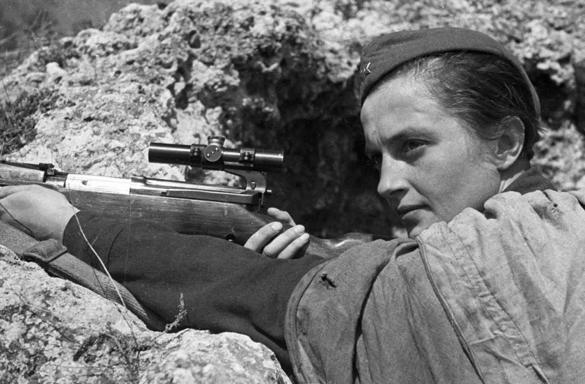 The Red Army Soviet sniper Lyudmila Pavlyuchenko defends Sevastopol from the Nazis, on June 06, 1942. (Ozerksy/AFP/Getty Images)
