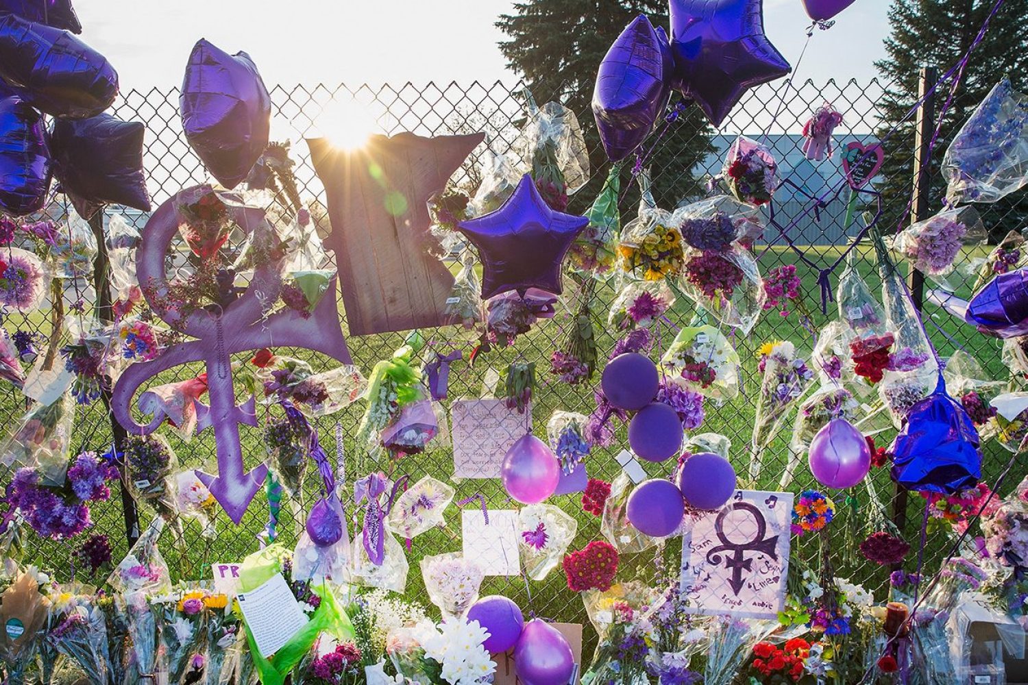 Mementos left by fans are attached to the fence which surrounds Paisley Park, the home and studio of Prince, on April 23, 2016 in Chanhassen, Minnesota. Prince, 57, was pronounced dead shortly after being found unresponsive April 21 in an elevator at Paisley Park. (Scott Olson/Getty Images)