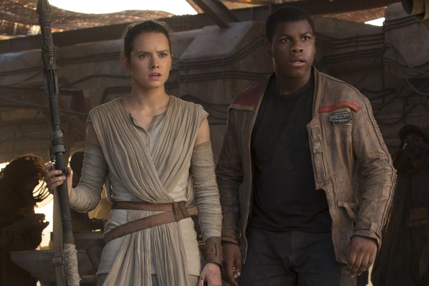 Rey, played by Daisy Ridley, and Finn, played by John Boyega, in a scene from 'The Force Awakens.' (David James/Lucasfilm)