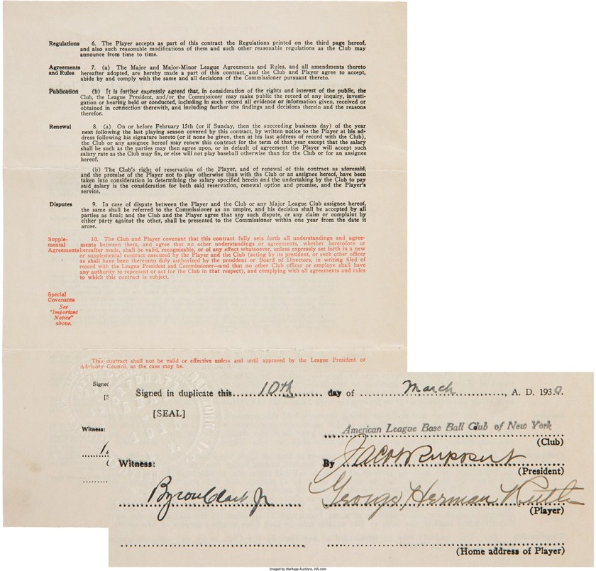 Babe Ruth's Richest Contract as a Yankee Headed for Auction