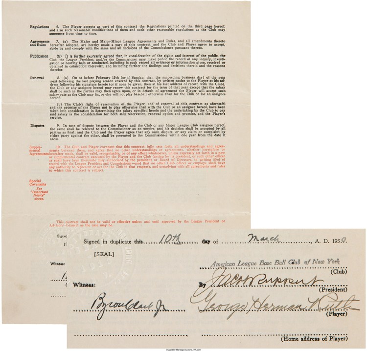 Babe Ruth's Richest Contract Ever With the Yankees Could Fetch $500K at ...