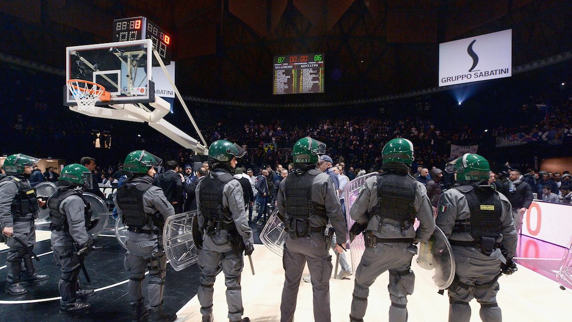 BOLOGNA, ITALY - JANUARY 06:  The italian Police stands on the court to prevent contacts and riots between differnt supporters during the LNP lega basket of Serie A2 match the Derby of Bologna between Virtus Segafredo Bologna and Fortitudo Kontatto Bologna at Unipol Arena on January 6, 2017 in Bologna, Italy.  (Photo by Roberto Serra - Iguana Press/Getty Images)