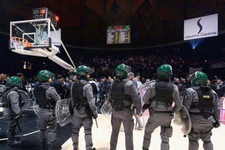BOLOGNA, ITALY - JANUARY 06:  The italian Police stands on the court to prevent contacts and riots between differnt supporters during the LNP lega basket of Serie A2 match the Derby of Bologna between Virtus Segafredo Bologna and Fortitudo Kontatto Bologna at Unipol Arena on January 6, 2017 in Bologna, Italy.  (Photo by Roberto Serra - Iguana Press/Getty Images)
