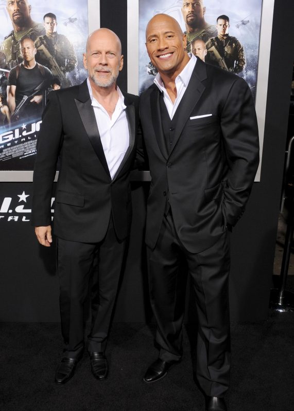 HOLLYWOOD, CA - MARCH 28: Actors Bruce Willis and Dwayne Johnson arrive at the "G.I. Joe: Retaliation" Los Angeles premiere at TCL Chinese Theatre on March 28, 2013 in Hollywood, California.  (Photo by Gregg DeGuire/WireImage)