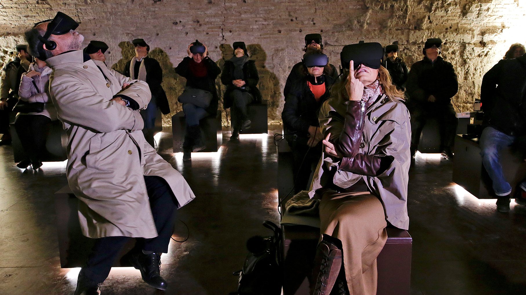 People wear virtual reality devices during a visit at the Domus Aurea, built by Roman Emperor Nero in 64 A.D. and later buried by Emperor Trajan in Rome, Italy on January 31, 2017. (Reuters/Max Rossi)