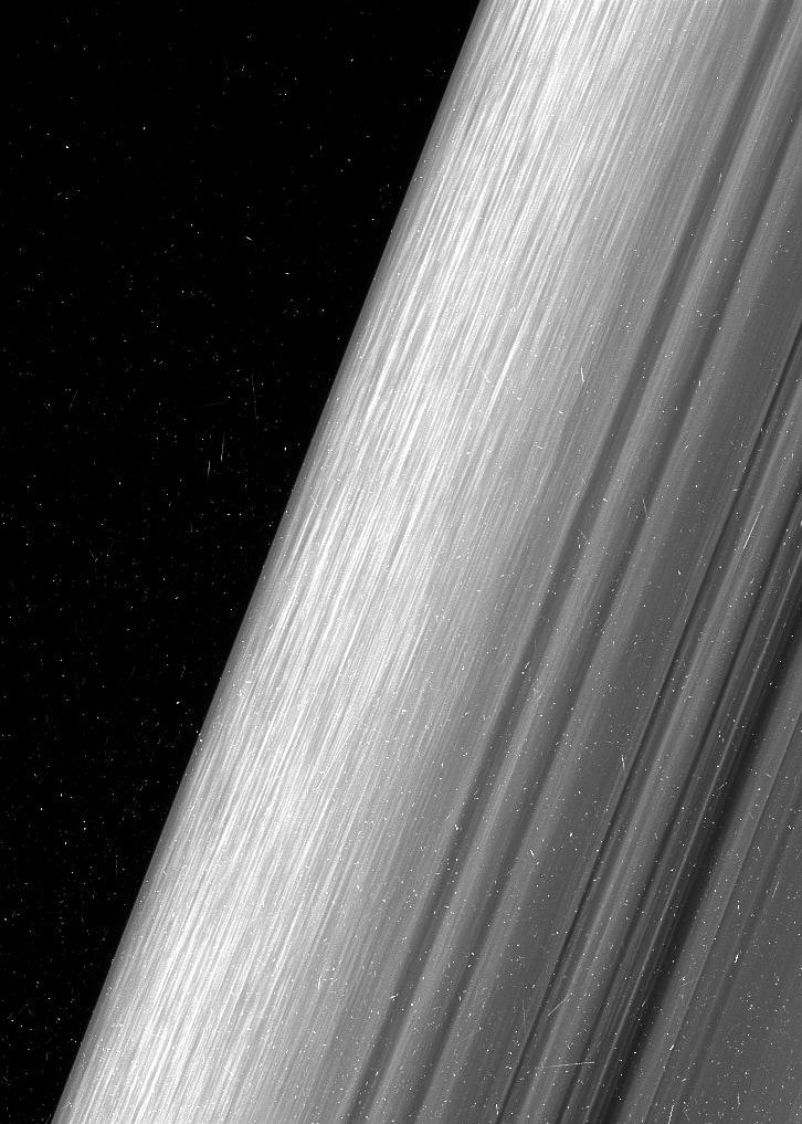 This image shows a region in Saturn's outer B ring. NASA's Cassini spacecraft viewed this area at a level of detail twice as high as it had ever been observed before NASA/JPL-Caltech/Space Science Institute)