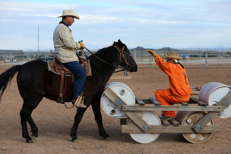 Randy Helm rides a horse, while inmate Gabriel Curtis gestures, as they train a horse as part of the Wild Horse Inmate Program (WHIP) at Florence State Prison in Florence, Arizona, U.S., December 2, 2016. (Mike Blake/Reuters) 