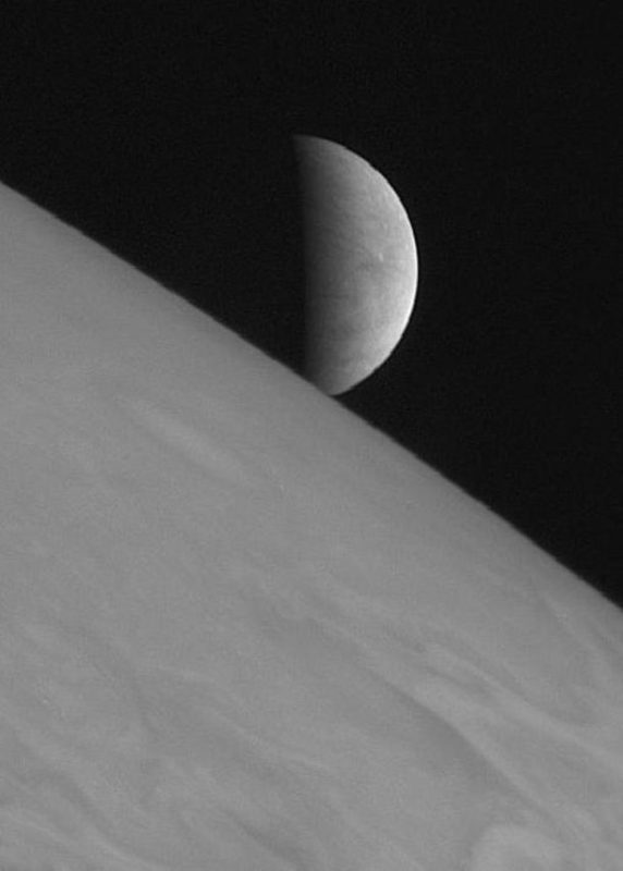 The icy moon Europa rising above Jupiter's cloud tops (NASA/Johns Hopkins University Applied Physics Laboratory/Southwest Research Institute)