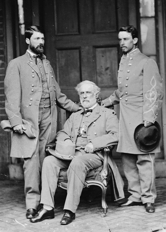 (The Art Archive/REX/Shutterstock)Major-General George Washington Custis LEE, with his father, Robert E. LEE (seated), 1807-70 and Lt. Col. Walter Herron TAYLOR, Lee's chief of staff, shortly after the surrender at Appomattox, photographed at Lee's Franklin St. home, Richmond, Va., April 1965. Robert E. Lee, Confederate general and commander of the Army of Northern Virginia during the American Civil War. (Mathew Brady) Art - various Artist: BRADY, Mathew (1822-1896, American)