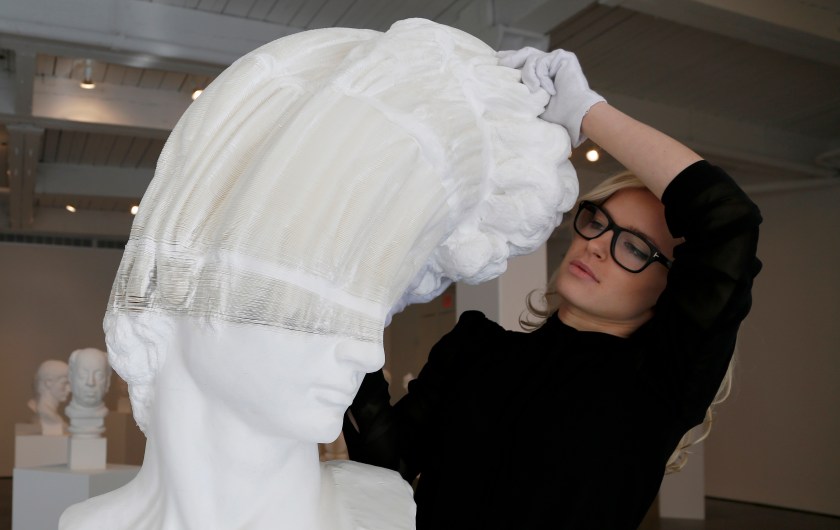 Klein Sun Gallery hosts Chinese artist Li Hongno's "Tools of Study" exhibition displaying stretchy paper sculptures formed as marble sculptures on January 23, 2014 in New York City. (Bilgin Sasmaz/Anadolu Agency/Getty Images)