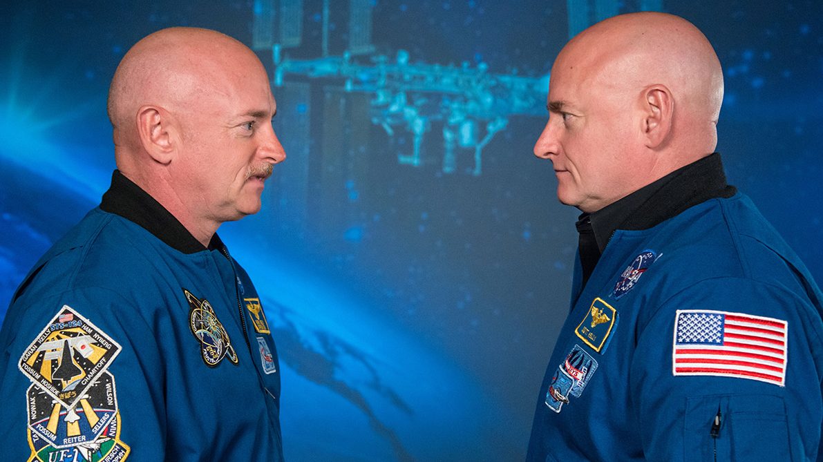 Expedition 45/46 Commander, Astronaut Scott Kelly along with his brother, former Astronaut Mark Kelly speak to news media outlets about Scott Kelly's 1-year mission aboard the International Space Station.  Photo Date: January 19, 2015.  Location: Building 2.  (Robert Markowitz/NASA)