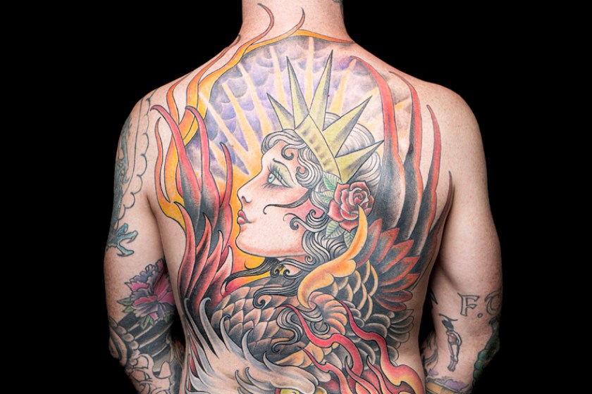 New York tattoo artist Michelle Myles American traditional backpiece on model Evan Hall (Dale May/New York Historical Society)