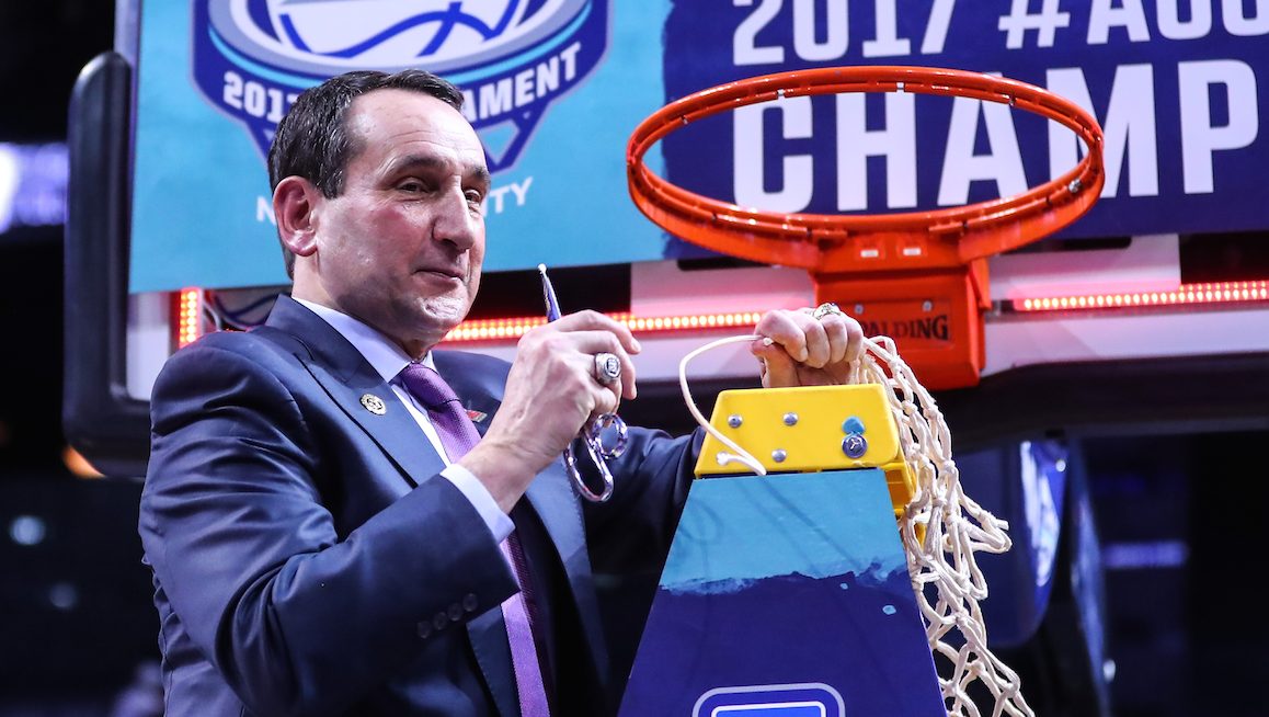 BROOKLYN, NY - MARCH 11:   Duke Blue Devils head coach Mike Krzyzewski cuts the net after winning the 2017 New York Life ACC Tournament Final round game between the Notre Dame Fighting Irish and the Duke Blue Devils on March 11, 2017, at the Barclays Center in Brooklyn,NY.  (Photo by Rich Graessle/Icon Sportswire via Getty Images)