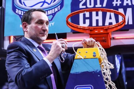 BROOKLYN, NY - MARCH 11:   Duke Blue Devils head coach Mike Krzyzewski cuts the net after winning the 2017 New York Life ACC Tournament Final round game between the Notre Dame Fighting Irish and the Duke Blue Devils on March 11, 2017, at the Barclays Center in Brooklyn,NY.  (Photo by Rich Graessle/Icon Sportswire via Getty Images)