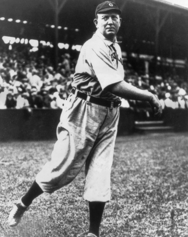 circa 1910:  Full-length portrait of American baseball player Cy Young (1867 - 1955), pitcher for the Cleveland Naps, lightly tossing a ball during warm-ups while wearing his uniform.  (Photo by Photo File/Getty Images)