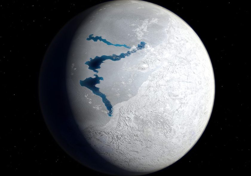 This is how the Earth may have appeared about 650 million years ago during a period when snow and ice may have covered most, if not all, of the Earth's surface and oceans. This image suggests the Earth's appearance during the Marinoan glaciation from 650 to 630 million years ago. The southern and eastern hemispheres are dominated by glacier-covered land masses while the opposing hemisphere is frozen ocean save for a few areas of exposed liquid water, AKA refugia for the Earth's surviving soft-bodied multicellular organisms. In addition to the Marinoan glaciation there may have been at least two, and possibly three previous Proterozoic glacial periods going back to two billion years ago. The causes of these snowball periods are unknown but may have been due to massive volcanic eruptions, massive meteoritic impacts (both resulting in global sun-reflecting ash clouds), or variance's in the Earth's orbit.