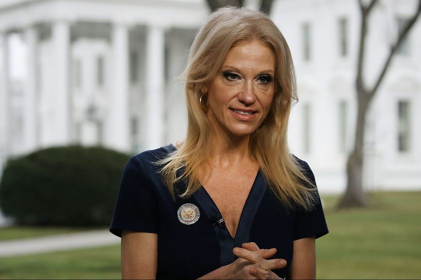 WASHINGTON, DC - JANUARY 22: Counselor to President, Kellyanne Conway, prepares to appear on the Sunday morning show Meet The Press, from the north lawn at the White House, January 22, 2017 in Washington, DC. Conway discussed President Trump's recent visit to the CIA and White House Press Secretary Sean Spicer's first statement. (Photo by Mark Wilson/Getty Images)