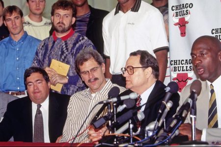 DEERFIELD, IL - OCTOBER 6:  Michael Jordan #23 of the Chicago Bulls speaks to the media during his Retirement Press Conference on October 6, 1993 at the Chicago Bulls Practice Facility in in Deerfield, Illinois.  NOTE TO USER: User expressly acknowledges and agrees that, by downloading and or using this photograph, User is consenting to the terms and conditions of the Getty Images License Agreement. Mandatory Copyright Notice: Copyright 1988 NBAE (Photo by Lou Capozzola/NBAE via Getty Images)