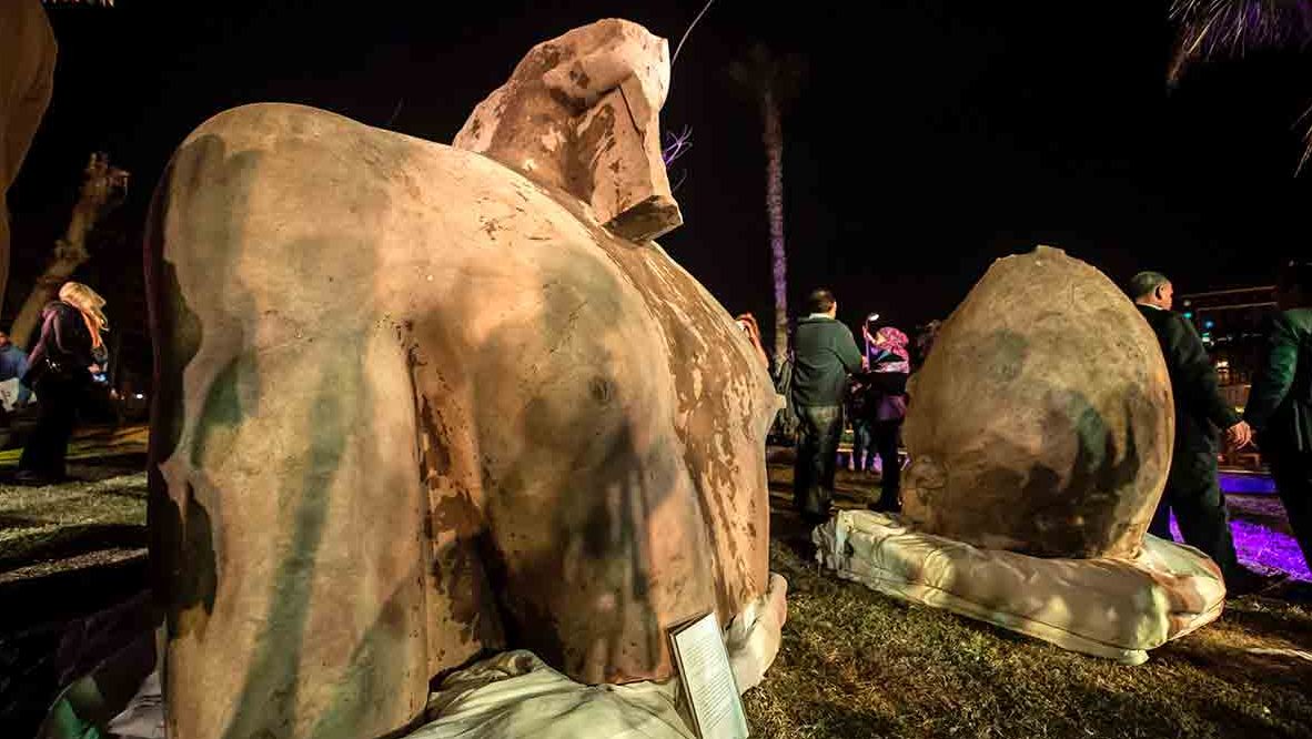 CORRECTION - A general view shows the statue believed to belong to King Psammetich I (Psamtik I), outside the Egyptian museum in Cairo on March 16, 2017, following its discovery by a team of German-Egyptian archeologists in Cairo's Mattarya district. / AFP PHOTO / KHALED DESOUKI / The erroneous mention[s] appearing in the metadata of this photo by KHALED DESOUKI has been modified in AFP systems in the following manner: [statue believed to belong to King Psammetich I (Psamtik I)] instead of [statue of King Psamtek l]. Please immediately remove the erroneous mention[s] from all your online services and delete it (them) from your servers. If you have been authorized by AFP to distribute it (them) to third parties, please ensure that the same actions are carried out by them. Failure to promptly comply with these instructions will entail liability on your part for any continued or post notification usage. Therefore we thank you very much for all your attention and prompt action. We are sorry for the inconvenience this notification may cause and remain at your disposal for any further information you may require.        (Photo credit should read KHALED DESOUKI/AFP/Getty Images)